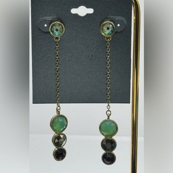 Gold Tone Green Hematite And Purple Stone with Chain Post Earrings 3.75 inch - Picture 5 of 7